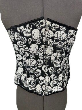 Women’s Black & White Skull Print Corset Top Lace-Up Back Gothic Halloween S